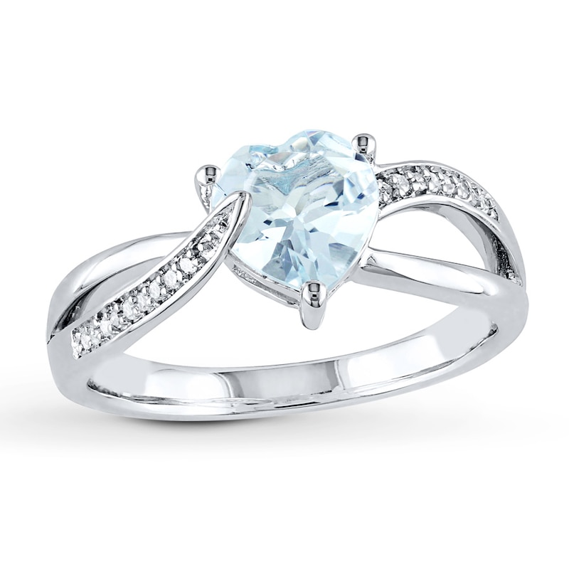 Main Image 1 of Aquamarine Heart Ring 1/20 ct tw Diamonds Sterling Silver