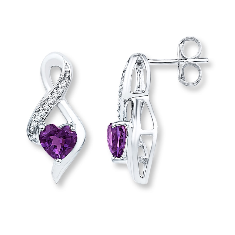 Main Image 1 of Heart Amethyst Earrings 1/20 ct tw Diamonds Sterling Silver