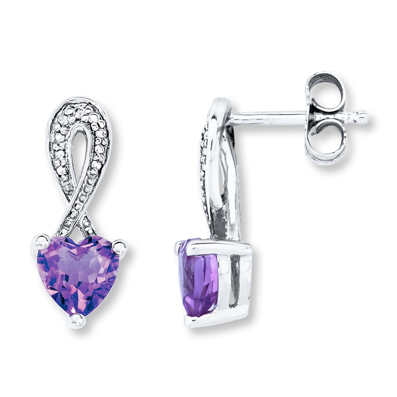 Main Image 1 of Amethyst Heart Earrings With Diamond Accents Sterling Silver