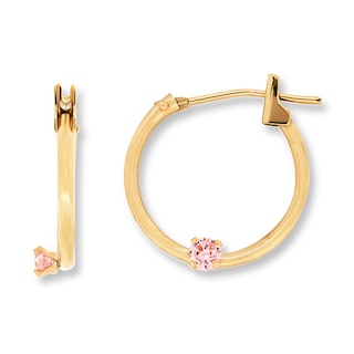 Children's Hoop Earrings Pink Cubic Zirconia 14K Yellow Gold