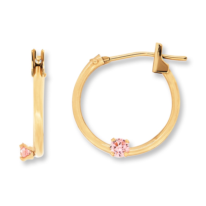 Main Image 1 of Children's Hoop Earrings Pink Cubic Zirconia 14K Yellow Gold