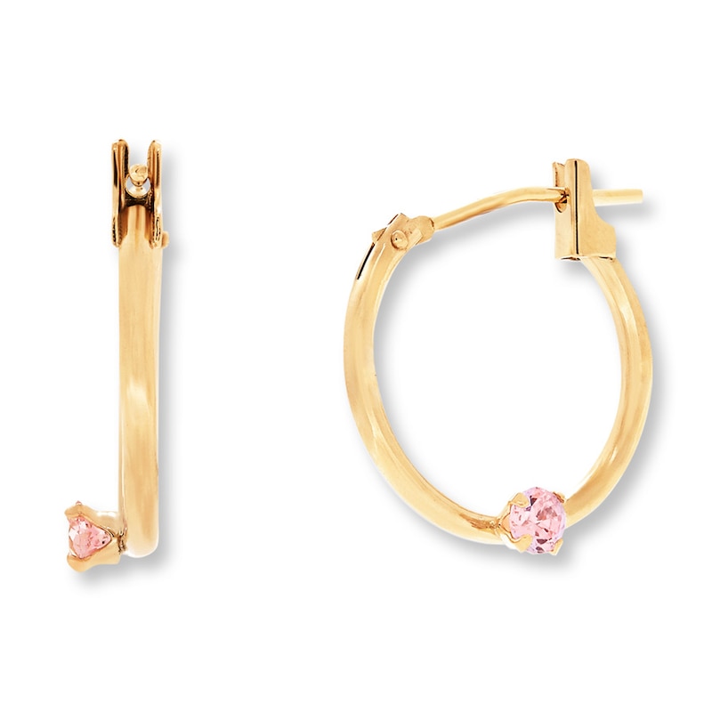 Children's Hoop Earrings Pink Cubic Zirconia 14K Yellow Gold