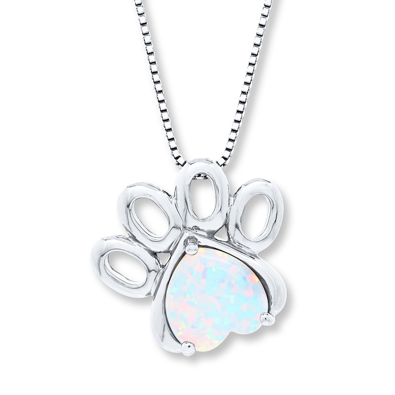 Main Image 1 of Paw Print Necklace Lab-Created Opal Sterling Silver