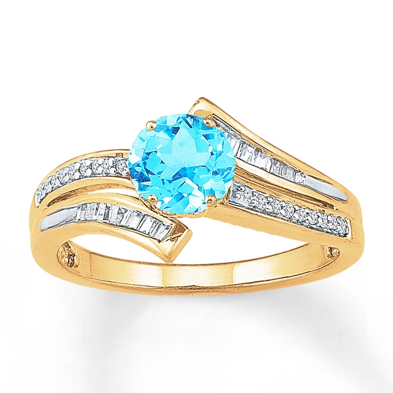 Main Image 1 of Blue Topaz Ring 1/6 ct tw Diamonds 10K Yellow Gold