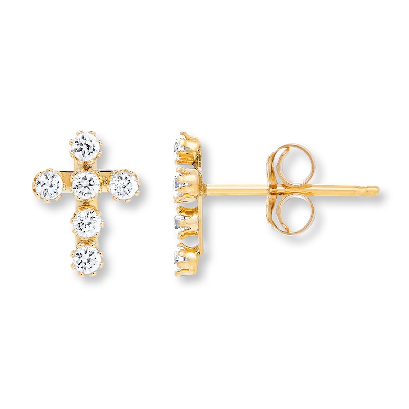 Main Image 1 of Cross Young Teen Earrings Cubic Zirconia 14K Yellow Gold
