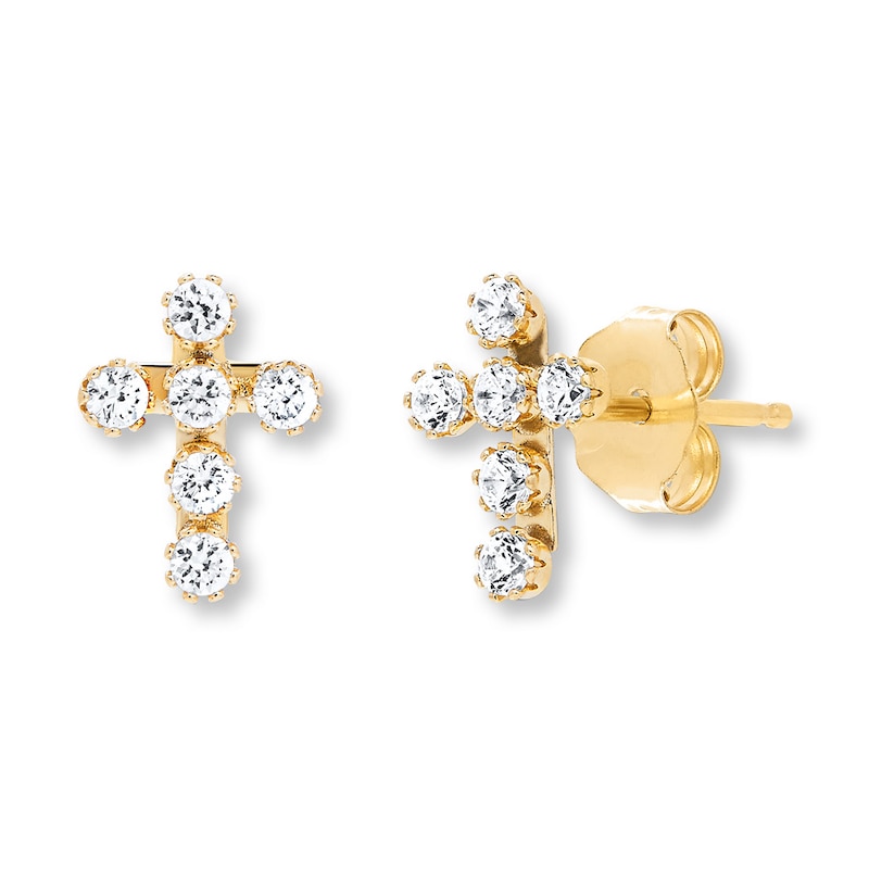 Cross Young Teen Earrings Cubic Zirconia 14K Yellow Gold