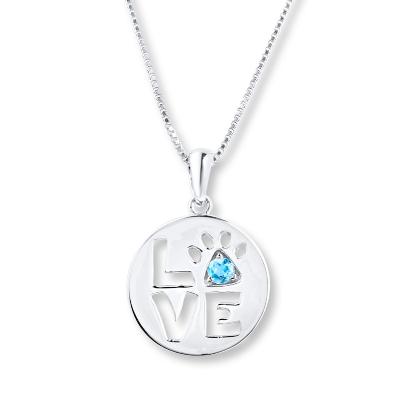 Pet Love Paw Print Necklace Blue Topaz Sterling Silver