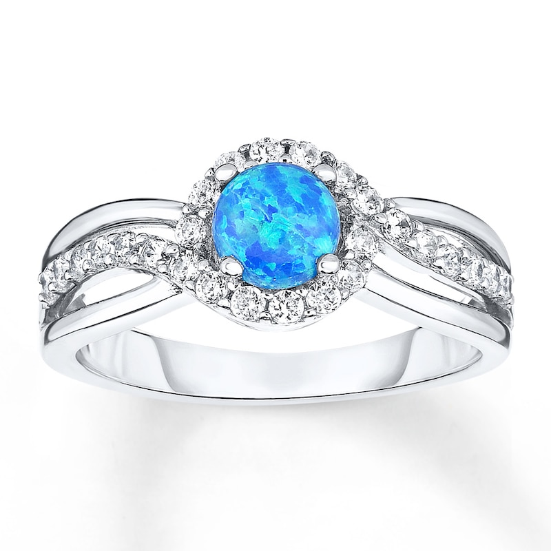 Main Image 1 of Lab-Created Blue Opal Ring White Topaz Sterling Silver