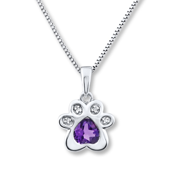 Amethyst & Diamond Paw Print Necklace Sterling Silver