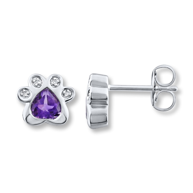 Amethyst & Diamond Paw Print Earrings Sterling Silver