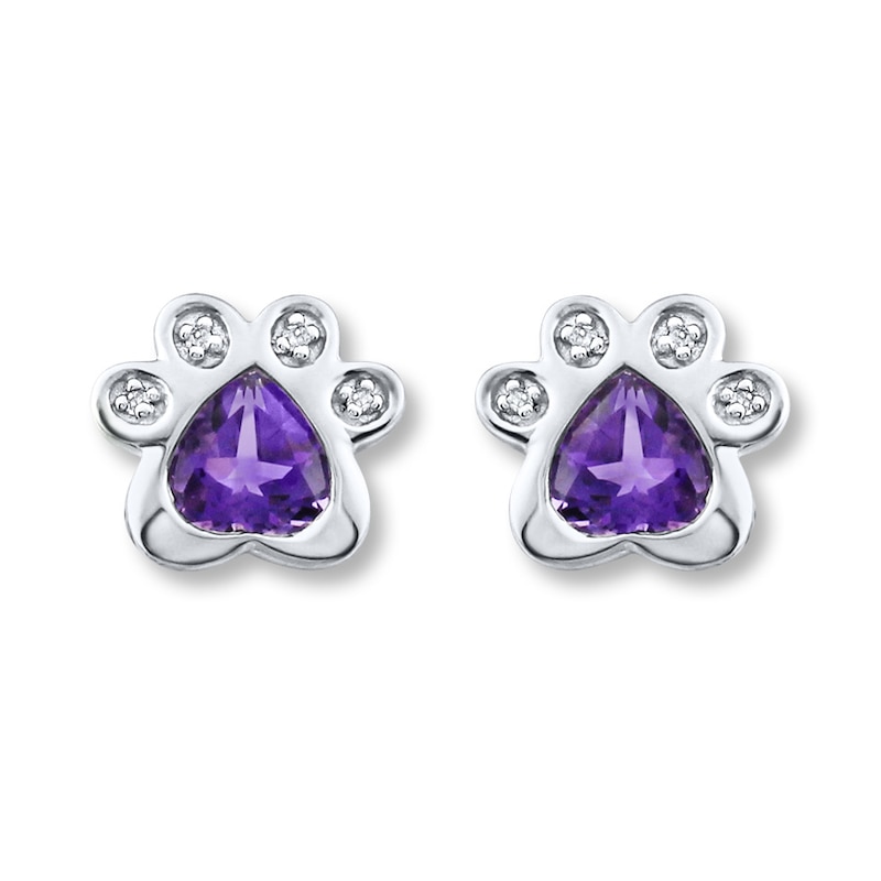 Amethyst & Diamond Paw Print Earrings Sterling Silver