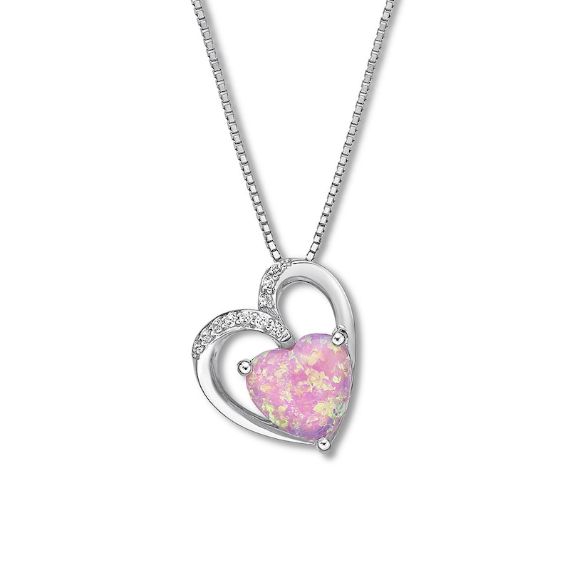 Main Image 1 of Lab-Created Pink Opal Heart Necklace Sterling Silver