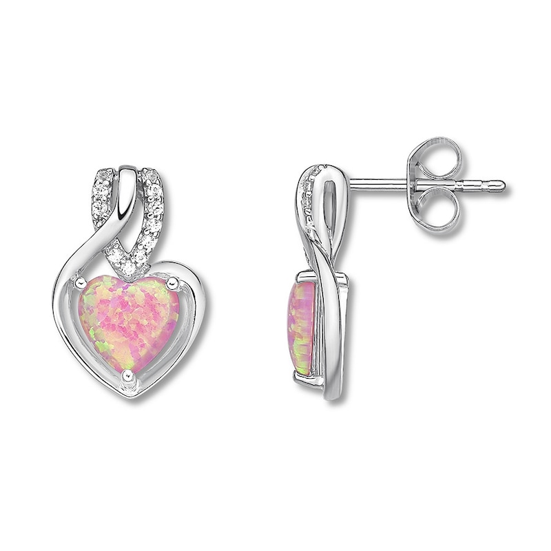 Main Image 1 of Lab-Created Pink Opal Heart Earrings Sterling Silver