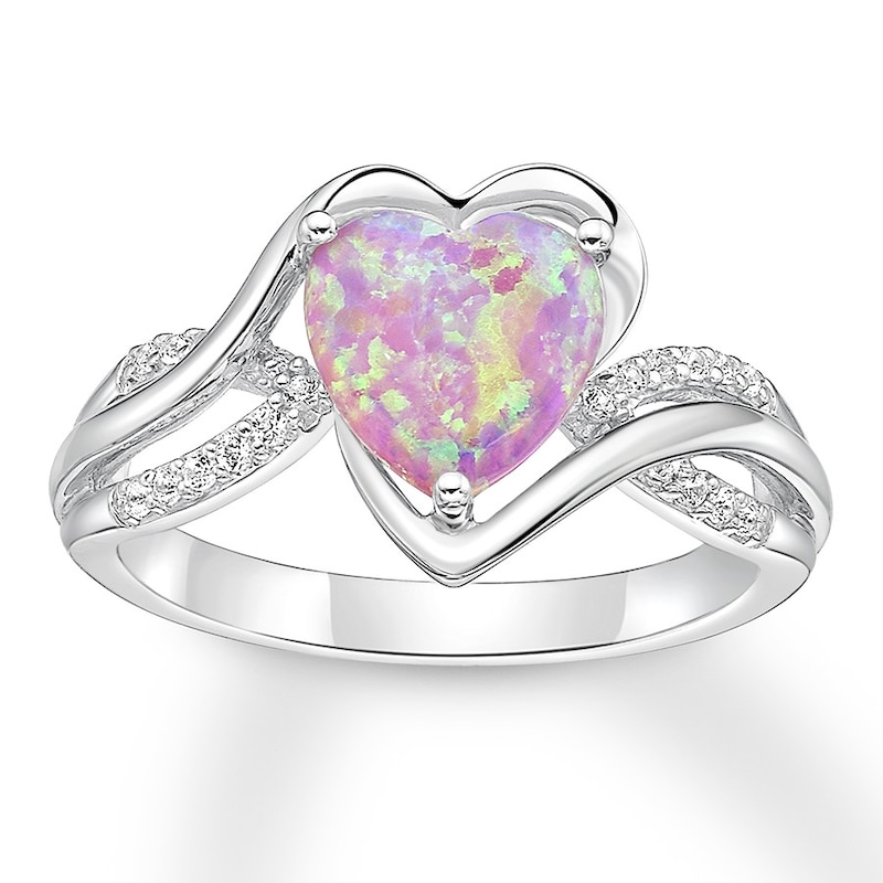 Lab-Created Pink Opal Heart Ring Sterling Silver with 360