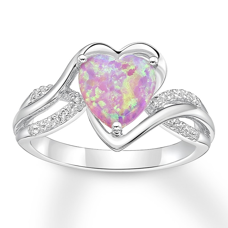 Main Image 1 of Lab-Created Pink Opal Heart Ring Sterling Silver