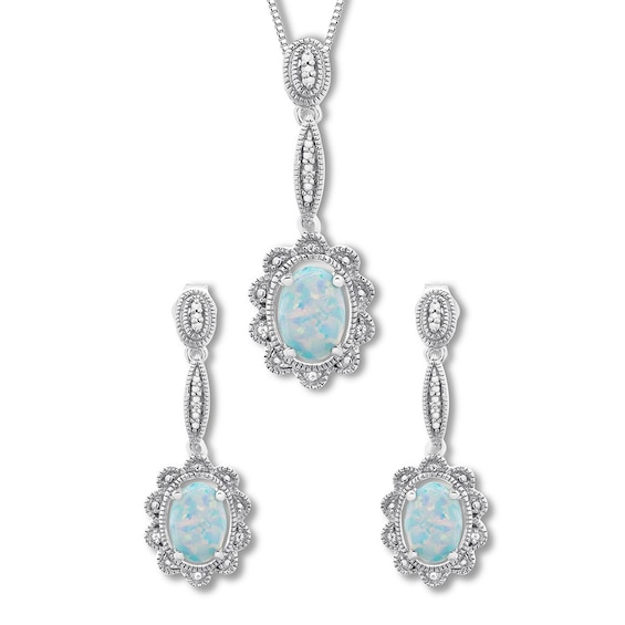 Lab-Created Opal Boxed Set 1/20 ct tw Diamonds Sterling Silver