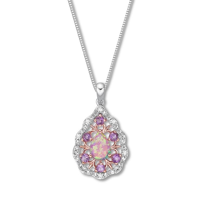Main Image 1 of Lab-Created Opal Necklace Amethyst Sterling Silver/10K Gold