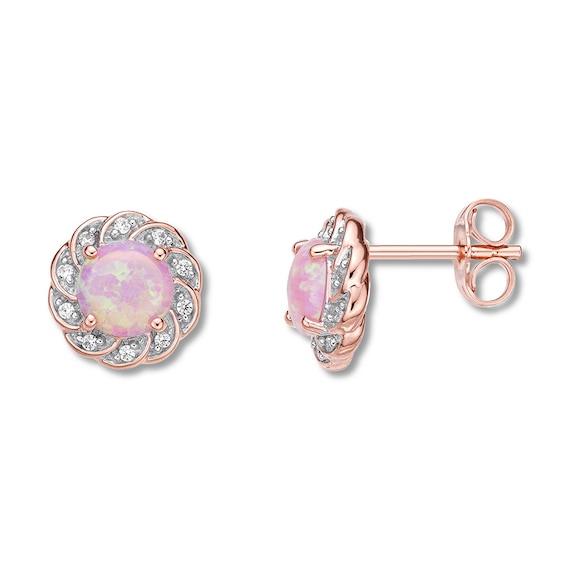 Kay Lab-Created Pink Opal Earrings 1/10 cttw Diamonds 10K Rose Gold