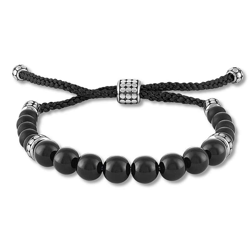 Black Onyx Bead Bolo Bracelet Sterling Silver 10.5"