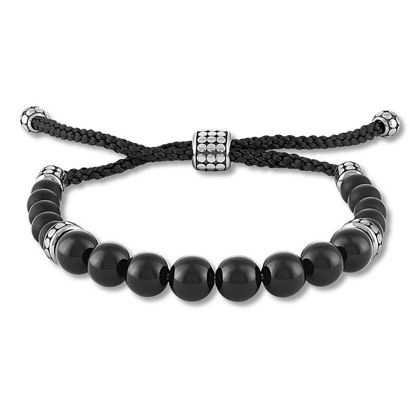 Main Image 1 of Black Onyx Bead Bolo Bracelet Sterling Silver 10.5&quot;