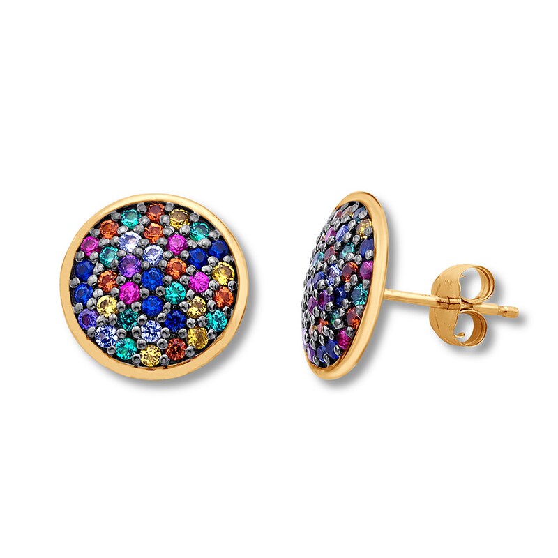 Lab-Created Gemstone Disc Earrings Pave-set 10K Yellow Gold