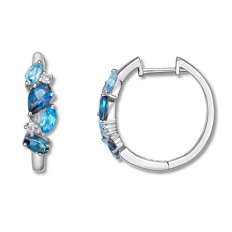 Vibrant Shades Blue & White Topaz Hoop Earrings Sterling Silver