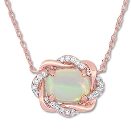 Natural Opal Necklace 1/15 ct tw Diamonds 10K Rose Gold 17"
