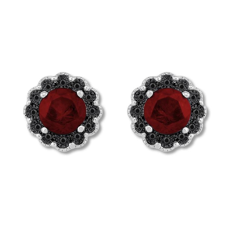 Garnet Earrings 1/10 ct tw Black Diamonds Sterling Silver