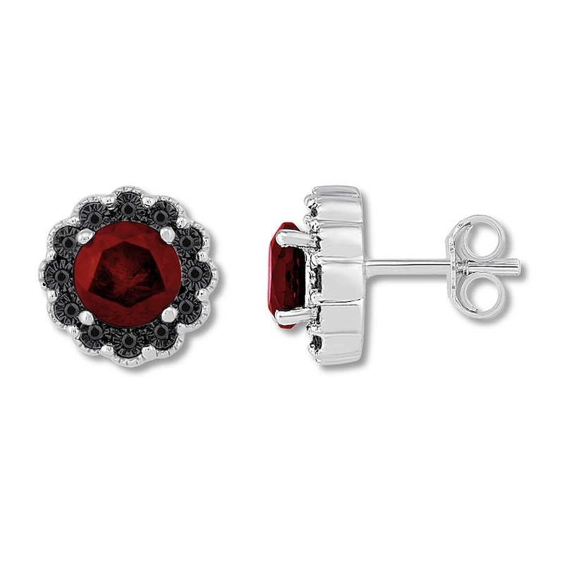 Garnet Earrings 1/10 ct tw Black Diamonds Sterling Silver