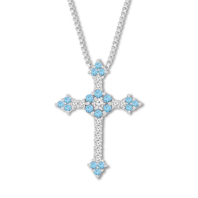 Blue Topaz/Lab-Created Sapphire Cross Necklace Sterling Silver