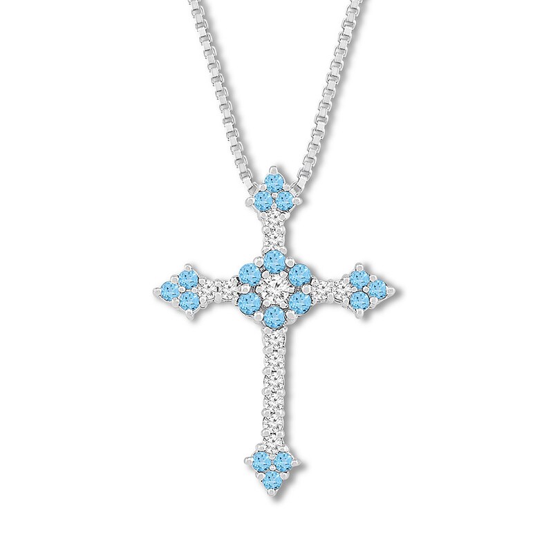 Main Image 1 of Blue Topaz/Lab-Created Sapphire Cross Necklace Sterling Silver