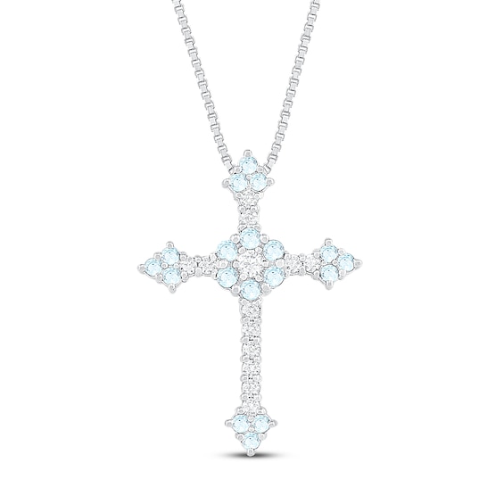 Aquamarine/Lab-Created Sapphire Cross Necklace Sterling Silver