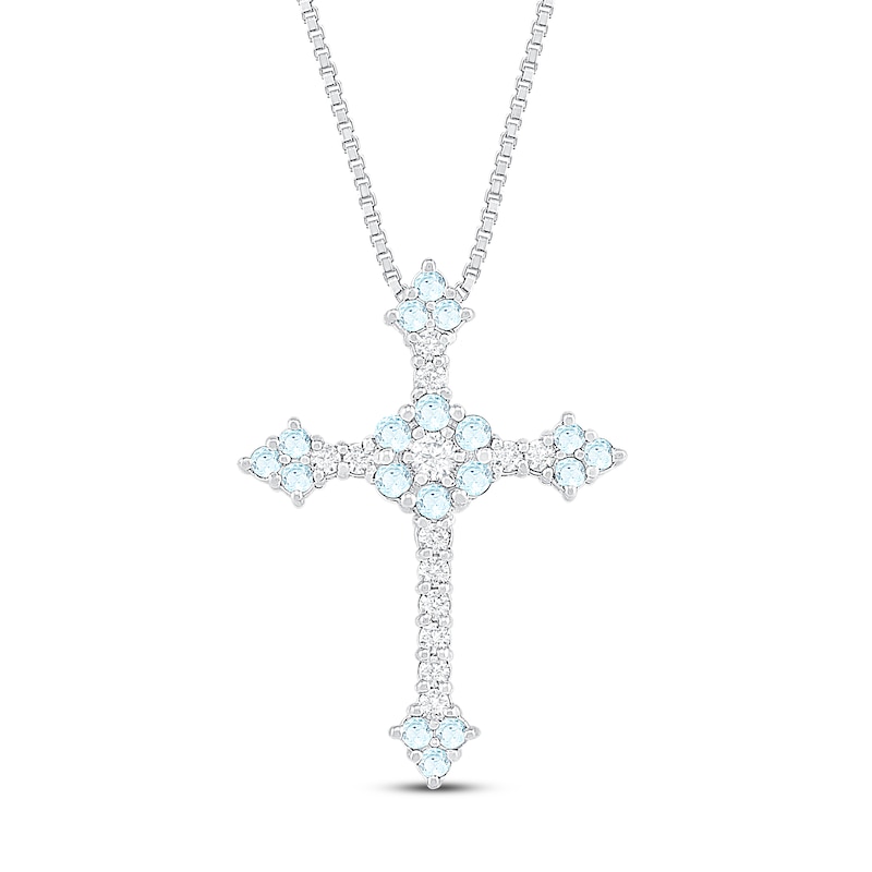 Main Image 1 of Aquamarine/Lab-Created Sapphire Cross Necklace Sterling Silver