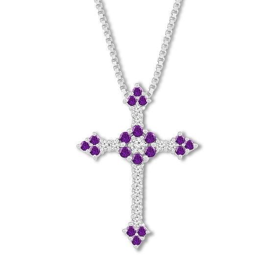 Amethyst/Lab-Created Sapphire Cross Necklace Sterling Silver