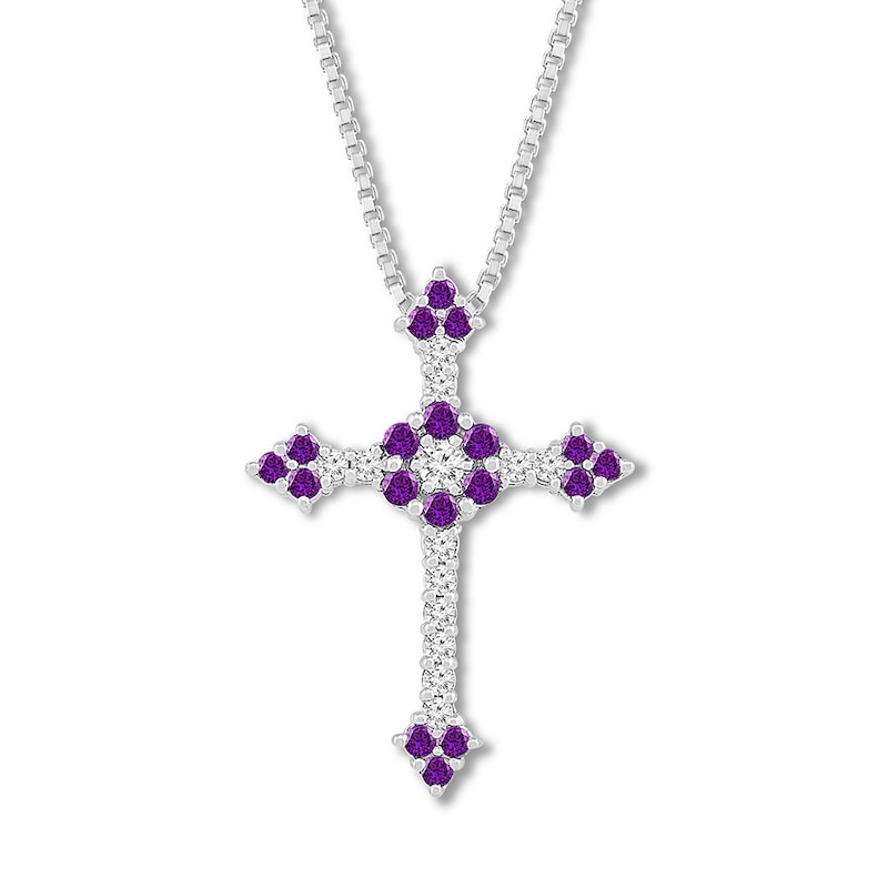 Main Image 1 of Amethyst/Lab-Created Sapphire Cross Necklace Sterling Silver