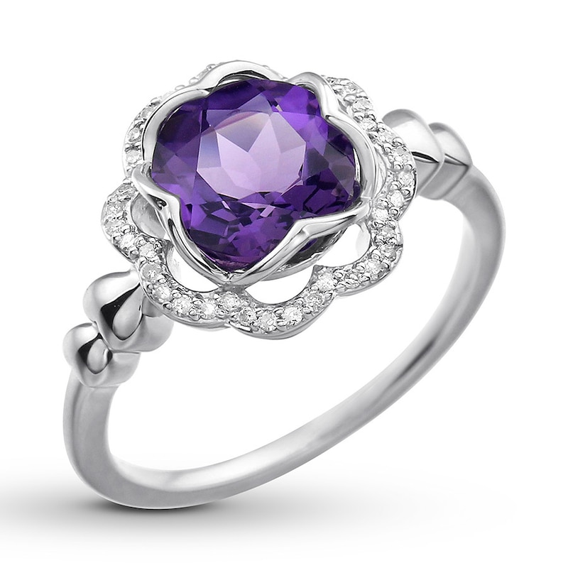 Amethyst Floral Ring 1/10 ct tw Diamonds Sterling Silver