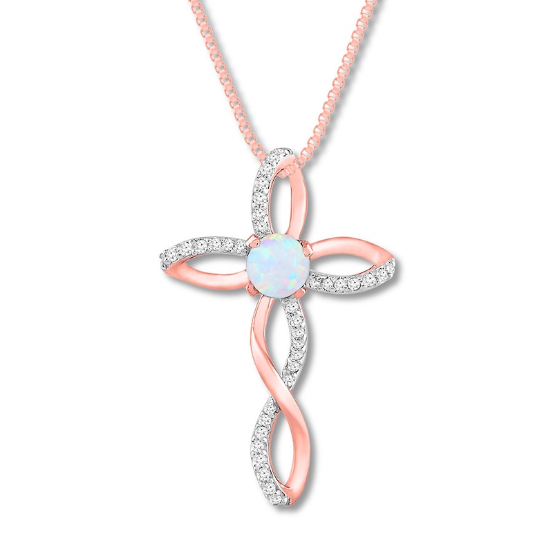 Lab-Created Opal Cross Necklace with Diamonds 10K Rose Gold