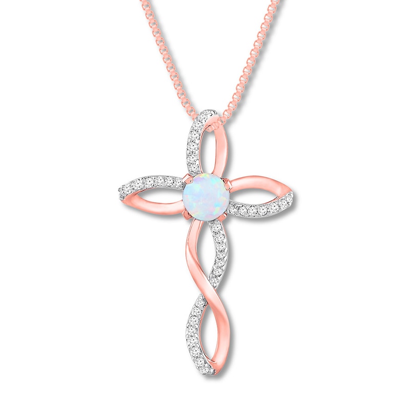 Main Image 1 of Lab-Created Opal Cross Necklace with Diamonds 10K Rose Gold