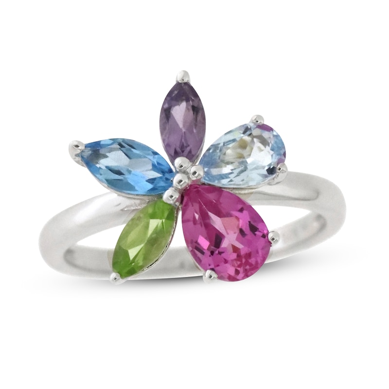 Peridot & Amethyst & Blue Topaz & Lab-Created Pink Sapphire Ring Sterling Silver