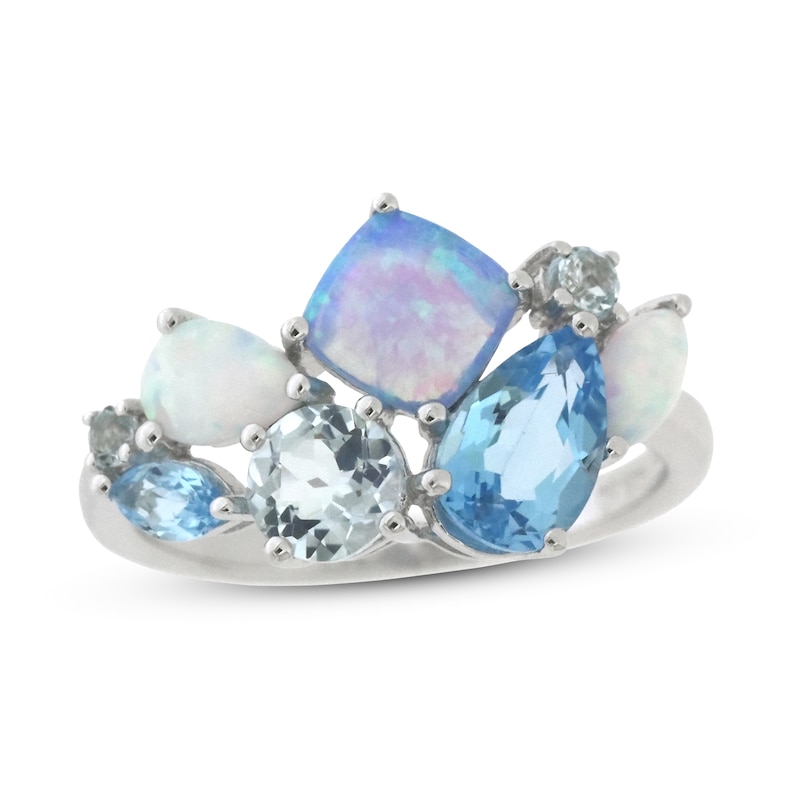 Blue Topaz & Lab-Created Blue Opal & Lab-Created White Opal Ring Sterling Silver