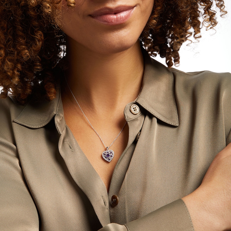 Main Image 4 of Amethyst & Lab-Created White Sapphire Heart Necklace Sterling Silver 18&quot;