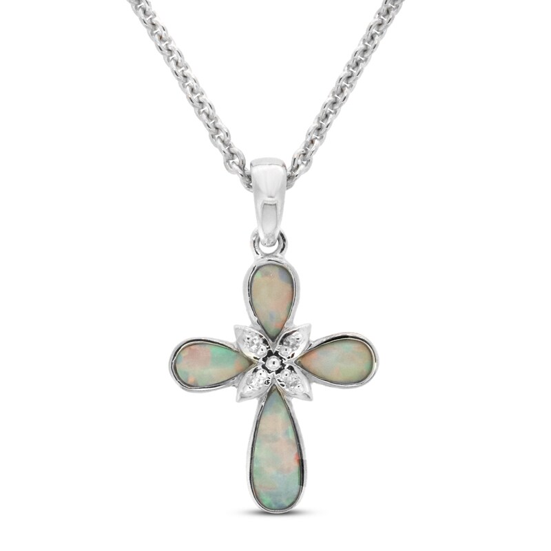 Lab-Created Opal Cross Necklace Diamond Accent Sterling Silver 18"
