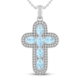 Aquamarine & White Lab-Created Sapphire Cross Necklace Sterling Silver 18&quot;