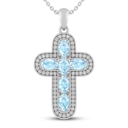Aquamarine & White Lab-Created Sapphire Cross Necklace Sterling Silver 18"