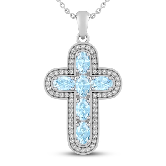 Aquamarine & White Lab-Created Sapphire Cross Necklace Sterling Silver 18"