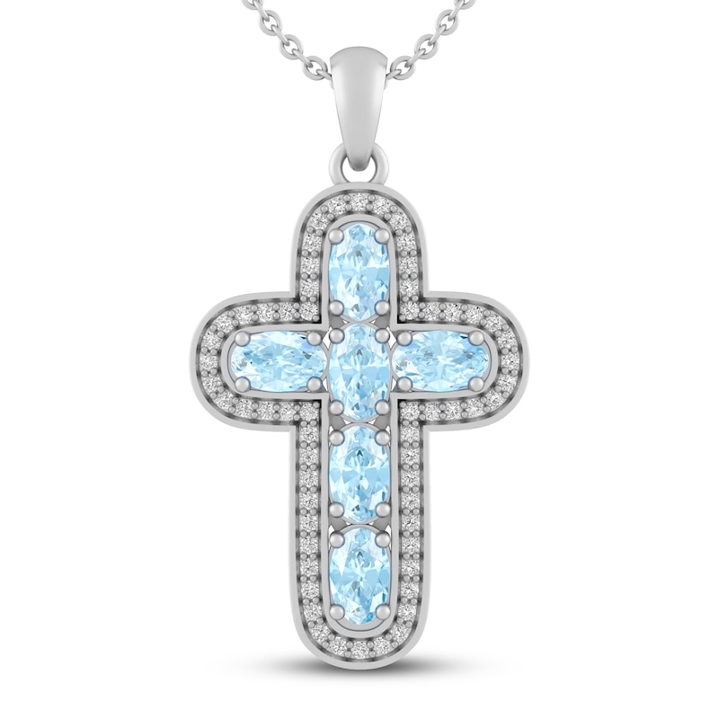 Main Image 1 of Aquamarine & White Lab-Created Sapphire Cross Necklace Sterling Silver 18&quot;