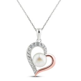 Freshwater Cultured Pearl & White Topaz Heart Necklace Sterling Silver/10K Rose Gold 18&quot;