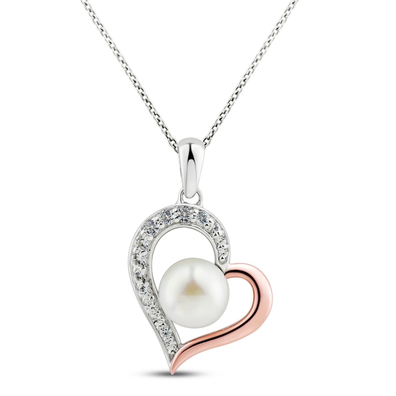 Main Image 1 of Freshwater Cultured Pearl & White Topaz Heart Necklace Sterling Silver/10K Rose Gold 18&quot;