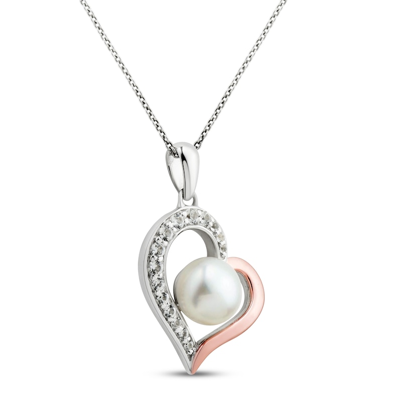 Main Image 2 of Freshwater Cultured Pearl & White Topaz Heart Necklace Sterling Silver/10K Rose Gold 18&quot;