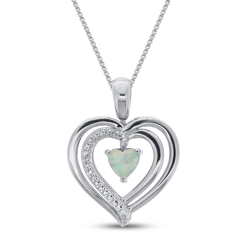 Lab-Created Opal & White Lab-Created Sapphire Heart Necklace Sterling ...